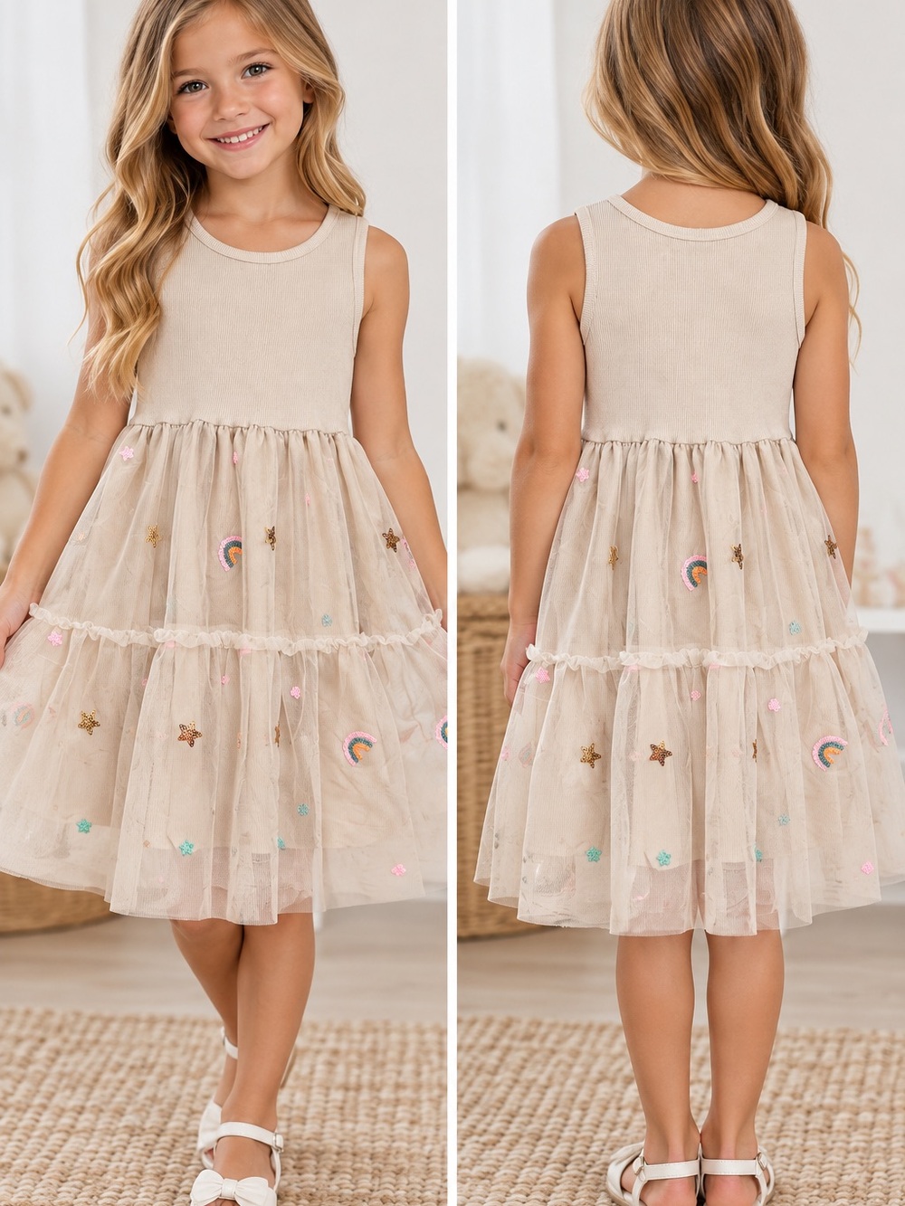 H&M Girls Cream Tulle Dress Rainbow Star Sequin Embellished Sleeveless 8-10Y